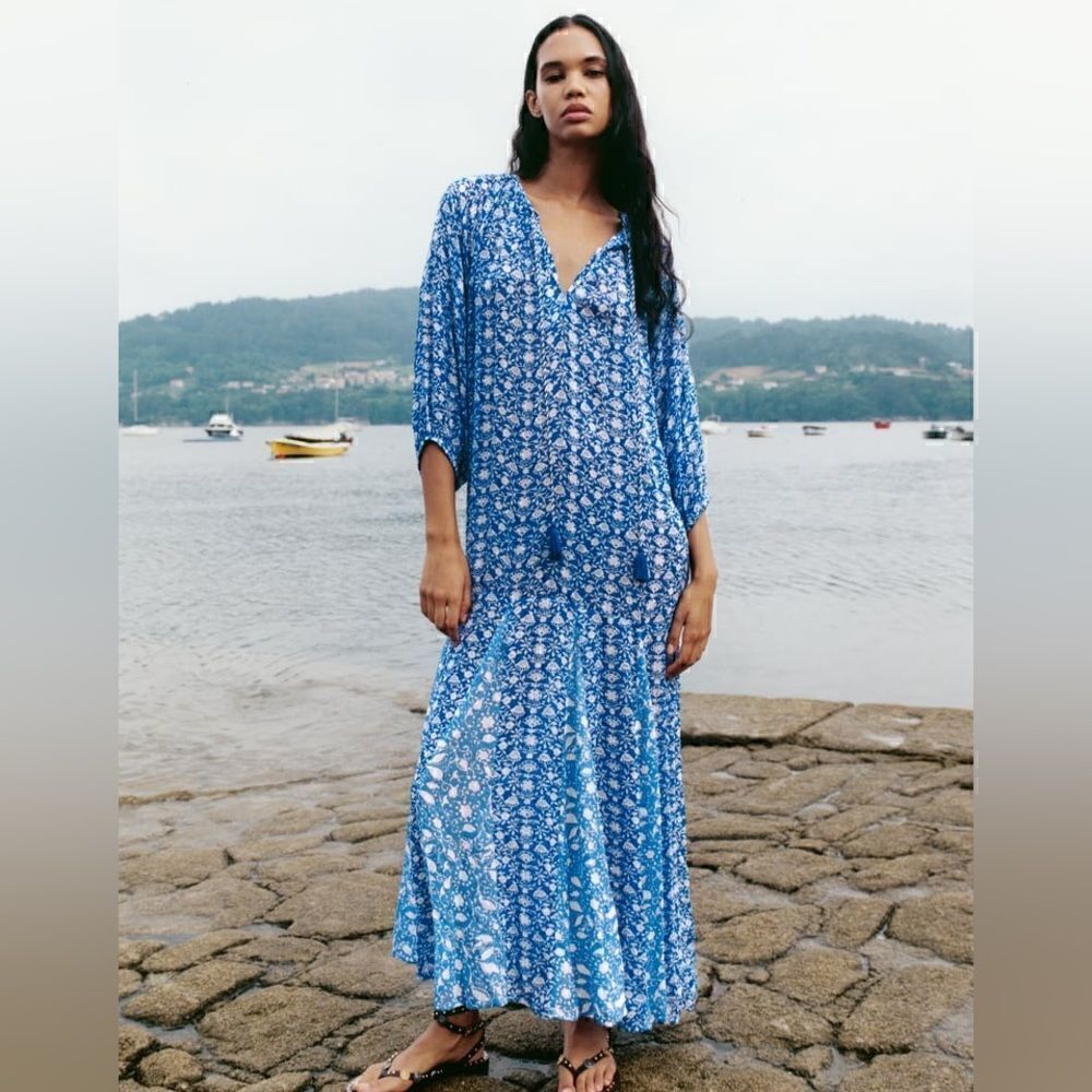 ZARA BOHO DOTTED MESH PRINTED MIDI DRESS